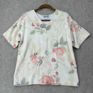 VTG‎ Gabriella T Cotton Blend Cream Floral Short Slv Sweater Med 90s Cottage y2k